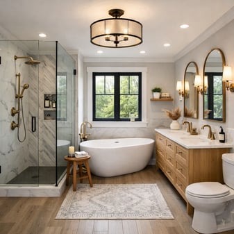 Modern Bathroom Renovation with Sleek White Fixtures and Marble Countertop-1