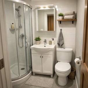 Small Bathroom with White Tile and Bright Light