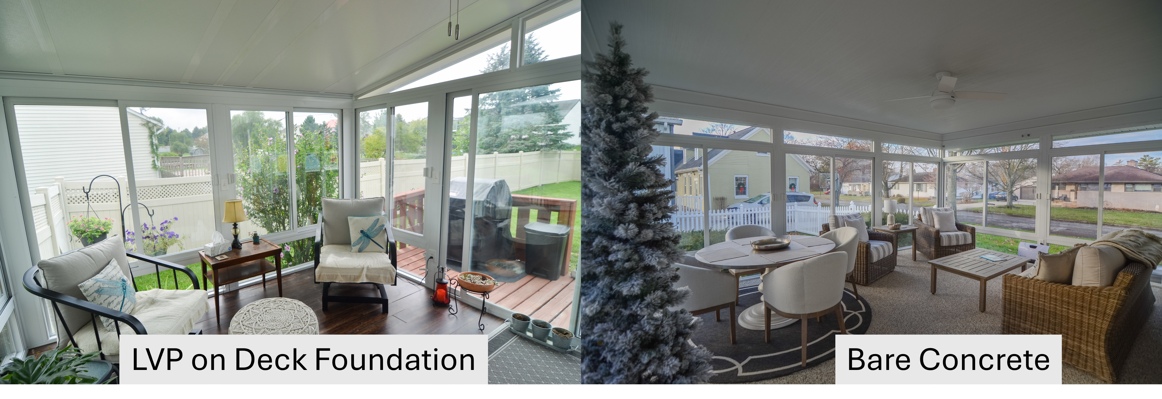 Two images showing possible flooring choices for in a sunroom