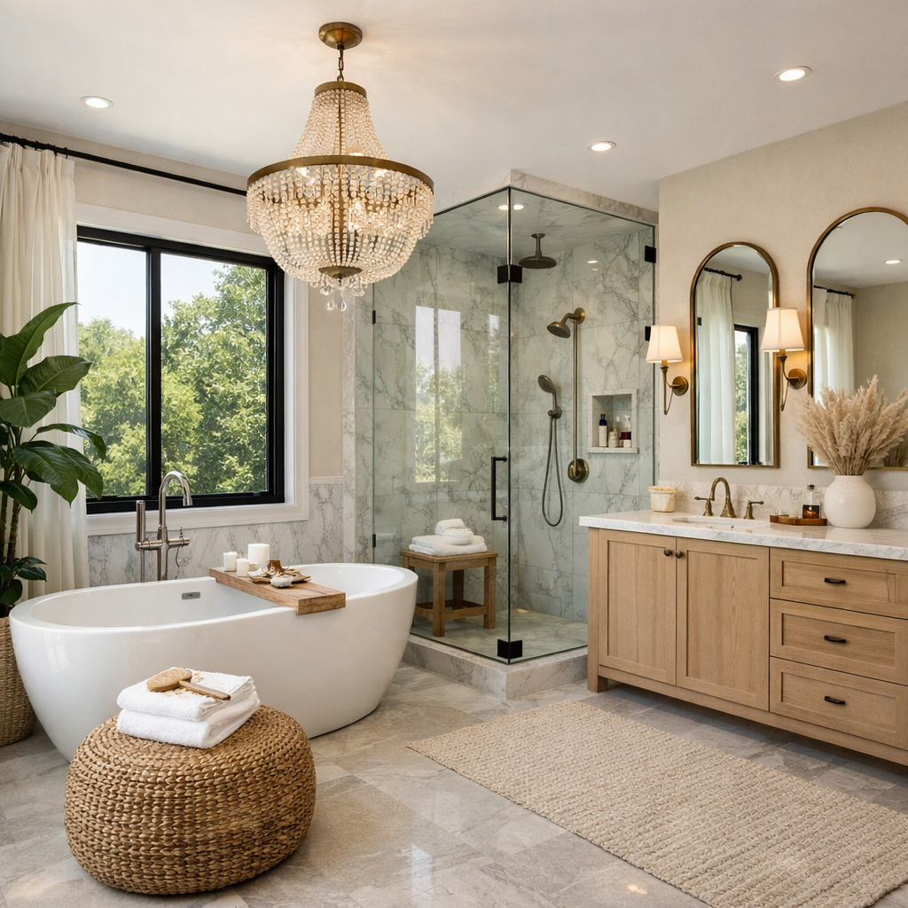 Modern Bathroom with Marble Vanity and Glass Shower